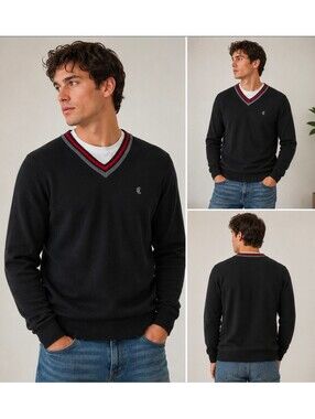 Loomstate for Chipotle V-Neck Sweater Mens M Organic Cotton Logo Black Red